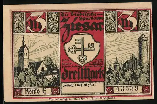 Notgeld Ziesar, 3 Mark, Der Bischoff von Brandenburg, Johann von Waldow, begibt sich zur Messe