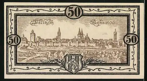 Notgeld Delitzsch 1919, 50 Pfennig, Ansicht der Stadt anno 1650