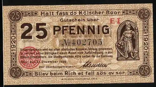 Notgeld Köln 1920, 25 Pfennig, Partie am Kölner Rathaus