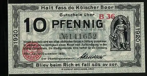 Notgeld Köln 1920, 10 Pfennig, Partie am Rathaus