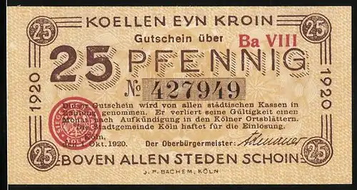 Notgeld Köln 1920, 25 Pfennig, Partie am Rathaus