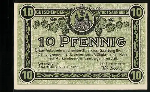 Notgeld Saarburg 1920, 10 Pfennig, Ortsansicht an einer Flussbiegung