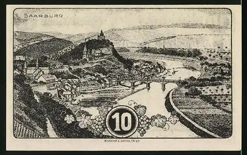 Notgeld Saarburg 1920, 10 Pfennig, Ortsansicht an einer Flussbiegung