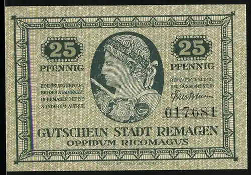 Notgeld Remagen 1921, 25 Pfennig, Partie am Römertor