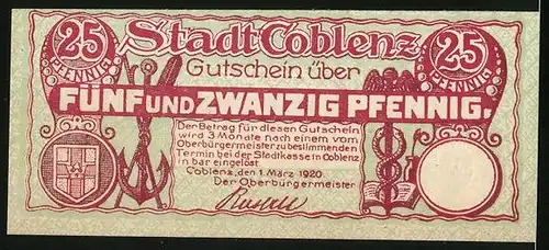 Notgeld Coblenz 1920, 25 Pfennig, Seefahrtssymbole, Asklepiosstab