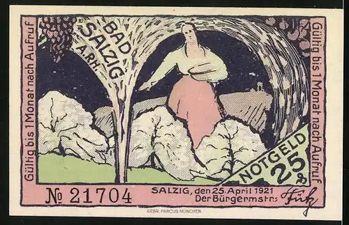 Notgeld Bad Salzig a. Rh. 1921, 25 Pfennig, Meilenstein und Frau an sprudelnder Quelle