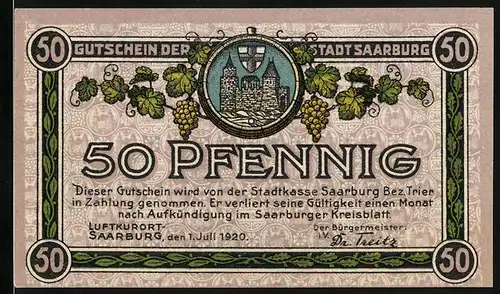 Notgeld Saarburg 1920, 50 Pfennig, Stadtansicht um 1500