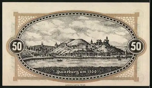 Notgeld Saarburg 1920, 50 Pfennig, Stadtansicht um 1500