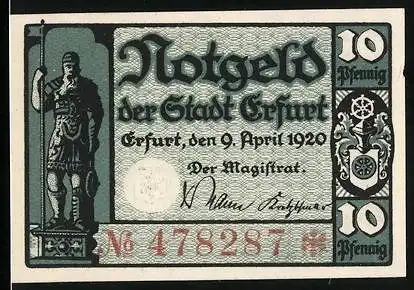 Notgeld Erfurt 1920, 10 Pfennig, Statue eines Fahnenträgers