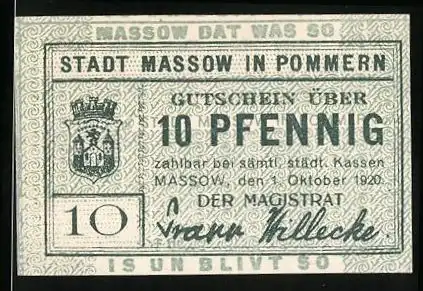 Notgeld Massow in Pommern 1920, 10 Pfennig, Stadtwappen