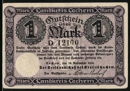 Notgeld Cochem 1918, 1 Mark, Blick auf die Burg