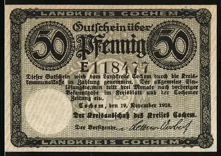 Notgeld Cochem 1918, 50 Pfennig, Blick auf die Burg