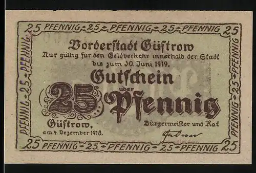 Notgeld Güstrow 1918, 25 Pfennig, von der Carl Michael`schen Hof- und Ratsbuchdruckerei