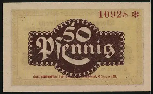 Notgeld Güstrow 1918, 50 Pfennig, von der Carl Michael`schen Hof- und Ratsbuchdruckerei