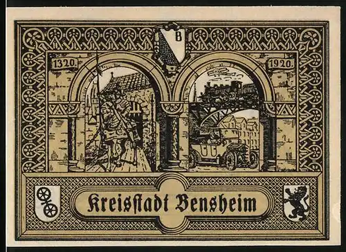 Notgeld Bensheim 1920, 50 Pfennig, Ritter 1320 neben einem Automobil 1920