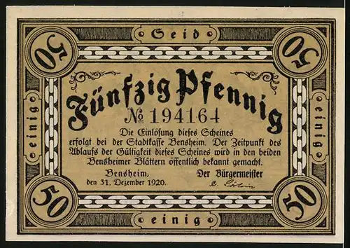 Notgeld Bensheim 1920, 50 Pfennig, Ritter 1320 neben einem Automobil 1920