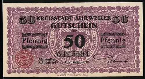 Notgeld Ahrweiler 1918, 50 Pfennig, Stadtwappen im Hintergrund