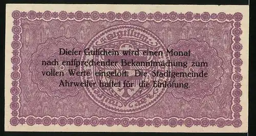 Notgeld Ahrweiler 1918, 50 Pfennig, Stadtwappen im Hintergrund