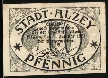 Notgeld Alzey 1921, 10 Pfennig, Floraler Rahmen