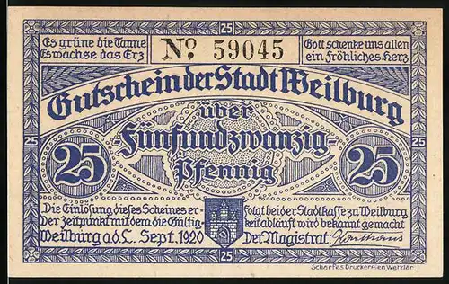 Notgeld Weilburg 1920, 25 Pfennig, Kruppsche Bergverwaltung, Grube Erhaltung und Bergmann