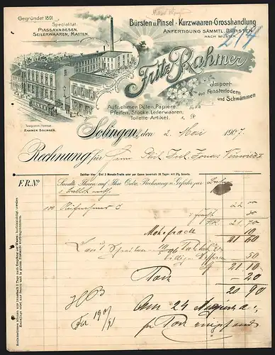 Rechnung Solingen 1907, Fritz Rahmer, Bürsten & Pinsel, Kurzwaaren-Grosshandlung, Strassenbahn vor dem Geschäftsgebäude