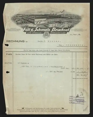 Rechnung Bruchsal 1928, Föll & Schmalz, Seifen-, Seifenpulver- & Seifenflocken-Fabrik, Fahrzeuge auf dem Betriebsgelände