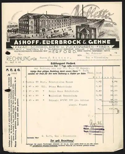 Rechnung Herford 1926, Ashoff, Ellerbrock & Gehne, Kakao-, Schokoladen- & Zuckerwaren-Fabrik, Zeichnung der Fabrikanlage