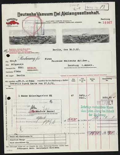Rechnung Berlin 1922, Deutsche Vacuum Oel AG, Ansichten der Raffinerien in Schulau und Bremen, Schutzmarke Gargoyle