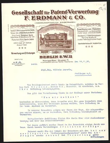 Rechnung Berlin 1926, F. Erdmann & Co., Gesellschaft für Patent-Verwertung, Königgrätzer Strasse 71, Die Geschäftsstelle