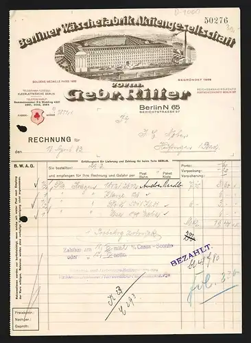 Rechnung Berlin 1933, Berliner Wäschefabrik AG, vorm. Gebr. Ritter, Bahngleise mit Lokomotiven vor dem Geschäftsgebäude