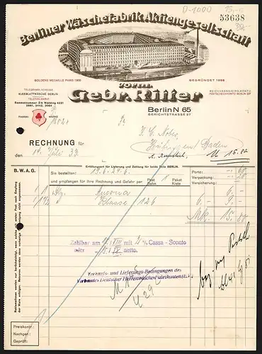 Rechnung Berlin 1933, Berliner Wäschefabrik AG, vorm. Gebr. Ritter, Bahngleise mit Zügen vor dem Geschäftsgebäude