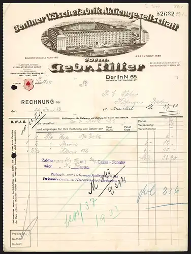 Rechnung Berlin 1933, Berliner Wäschefabrik AG, vorm. Gebr. Ritter, Bahngleise mit Eisenbahnen vor dem Geschäftsgebäude