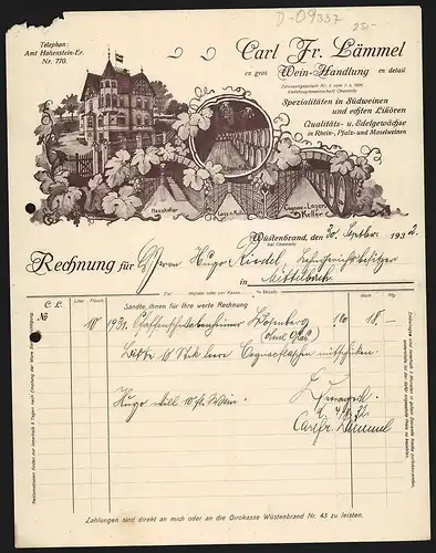 Rechnung Wüstenbrand 1932, Car. Fr. Lämmel, Wein-Handlung, Ansichten der Lager-, Haus- und Cognac-Keller