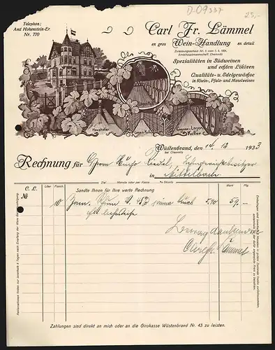 Rechnung Wüstenbrand 1933, Car. Fr. Lämmel, Wein-Handlung, Ansichten der Lager-, Haus- und Cognac-Keller, Stammhaus