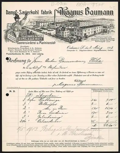 Rechnung Oederan i. S. 1913, Magnus Baumann, Dampf-Sauerkohl Fabrik, Betriebsansicht, Fass mit Znaimer Tafelgurken