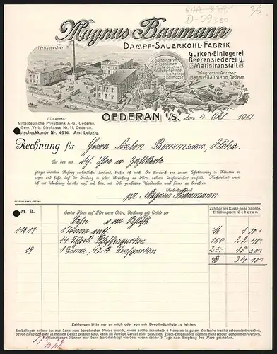 Rechnung Oederan i. S. 1912, Magnus Baumann, Dampf-Sauerkohl Fabrik, Fabrik- & Produktansichten