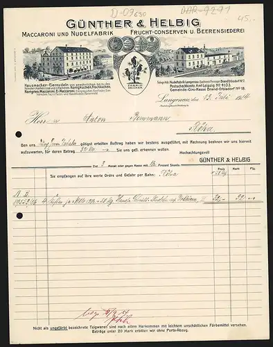 Rechnung Langenau 1914, Günther & Helbig, Nudel- & Frucht-Conserven-Fabrik, getrennte Werke, Medaillen, Fabrikzeichen