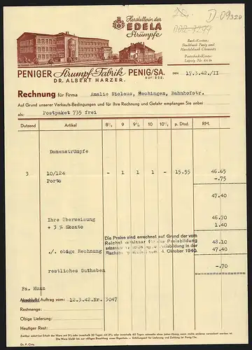 Rechnung Penig /Sa. 1942, Dr. Albert Harzer, Strumpf-Fabrik, Das Betriebsgelände, Schutzmarke der Edela Strümpfe