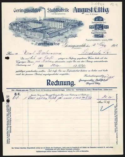 Rechnung Geringswalde 1913, August Ettig, Stuhlfabrik, Gesamtansicht der Fabrikanlage mit gelagerter Ware