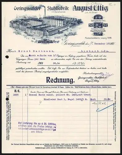 Rechnung Geringswalde 1912, August Ettig, Stuhlfabrik, Gesamtansicht der Fabrikanlage mit gelagerter Ware