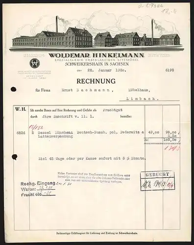 Rechnung Schweikershain i. S. 1930, Woldemar Hinkelmann, Sitzmöbel-Fabrik, Modell der Fabrikanlage unter wolkigem Himmel