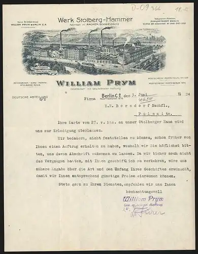 Rechnung Berlin 1924, Firma William Prym GmbH, Ansicht des Messingwerkes Stolberg-Hammer