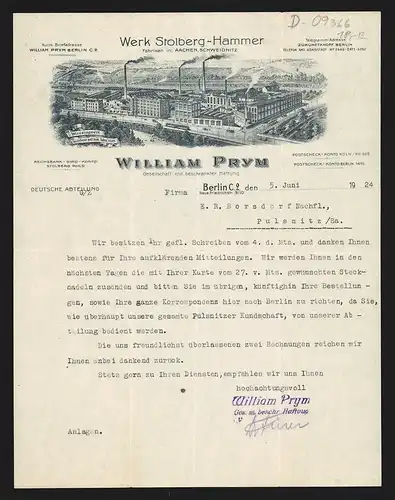 Rechnung Berlin 1924, Firma William Prym GmbH, Gesamtansicht des Messingwerkes Stolberg-Hammer