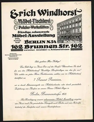 Rechnung Berlin, Erich Windhorst, Möbel-Tischlerei & Polster-Werkstätten, Brunnen Str. 162, Strassenbahn vorm Comptoir