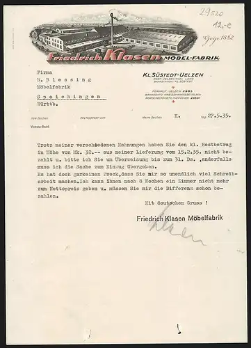 Rechnung Kl. Süstedt-Uelzen 1935, Friedrich Klasen, Möbel-Fabrik, Das Betriebsgelände aus der Vogelschau