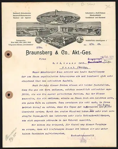 Rechnung Hannover 1929, Braunsberg & Co. AG, Baumwollfabrik & Färberei, Ansicht vierer Werke und zweier Comptoirs