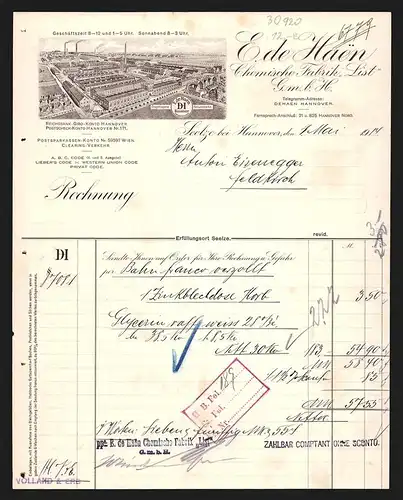 Rechnung Seelze bei Hannover 1914, E. de Haen, Chemische Fabrik List GmbH, Gesamtansicht des Betriebes, Schutzmarke