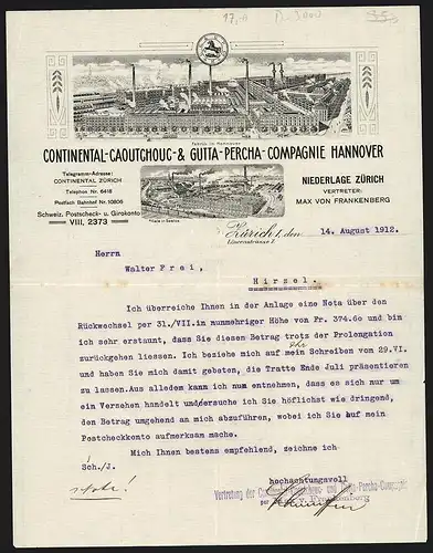 Rechnung Zürich 1912, Continental-Caoutchouc- & Gutta-Percha-Compagnie, Hauptwerk Hannover, Filiale Seelze