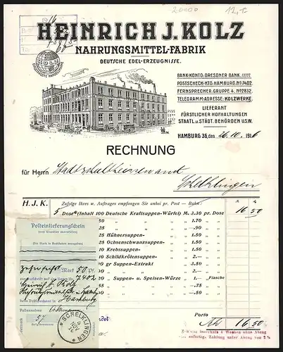 Rechnung Hamburg 1916, Einrich J. Kolz, Nahrungsmittel-Fabrik, Transportkutschen vor dem Geschäftsgebäude