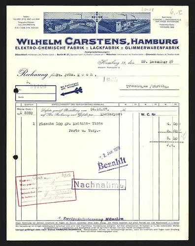 Rechnung Hamburg 1927, Wilhelm Carstens, Elektro-Chemische Fabrik, Lack-Fabrik etc., Ansichten zweier Werke, Fabrikmarke